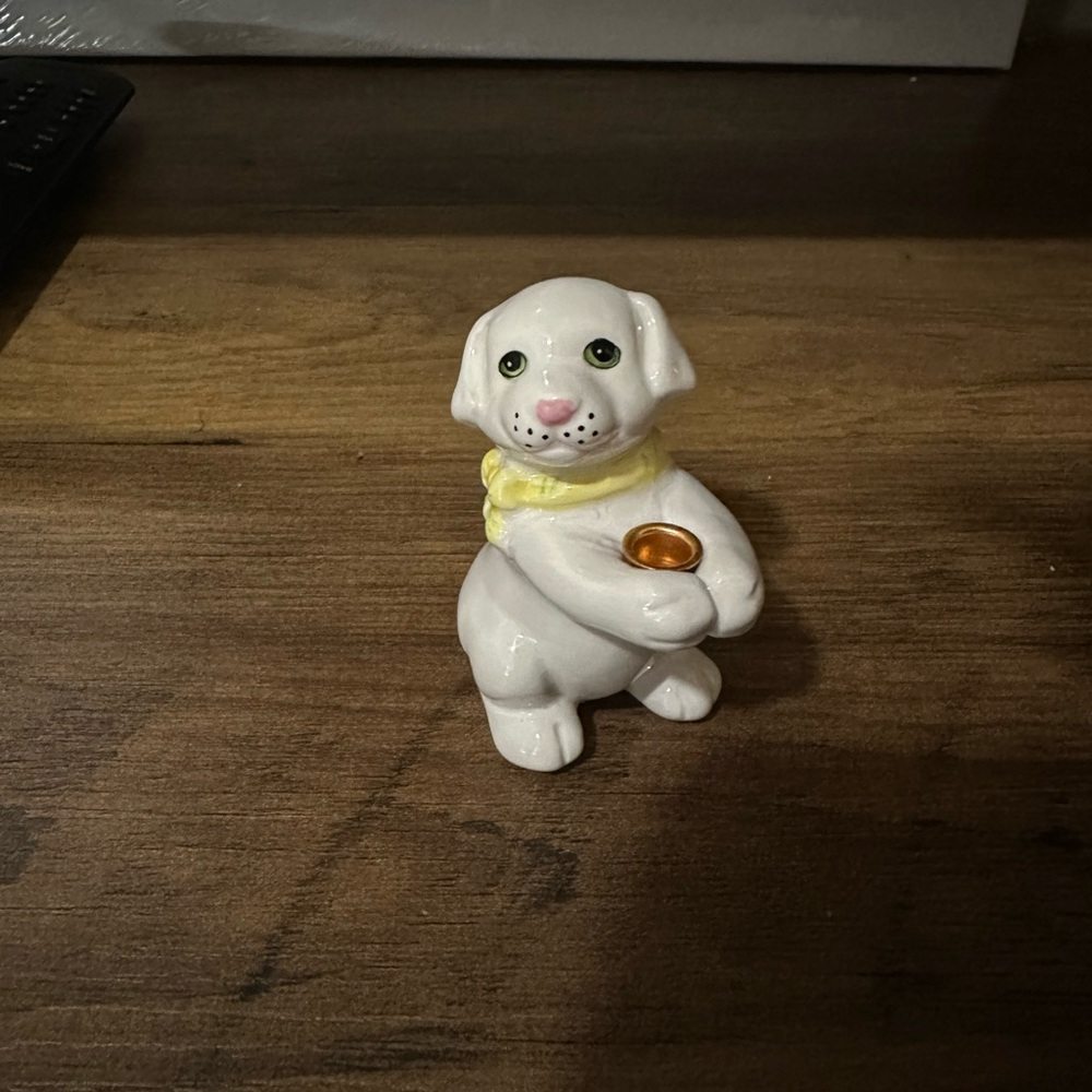 White Ceramic Dog Figurine with Yellow Scarf
